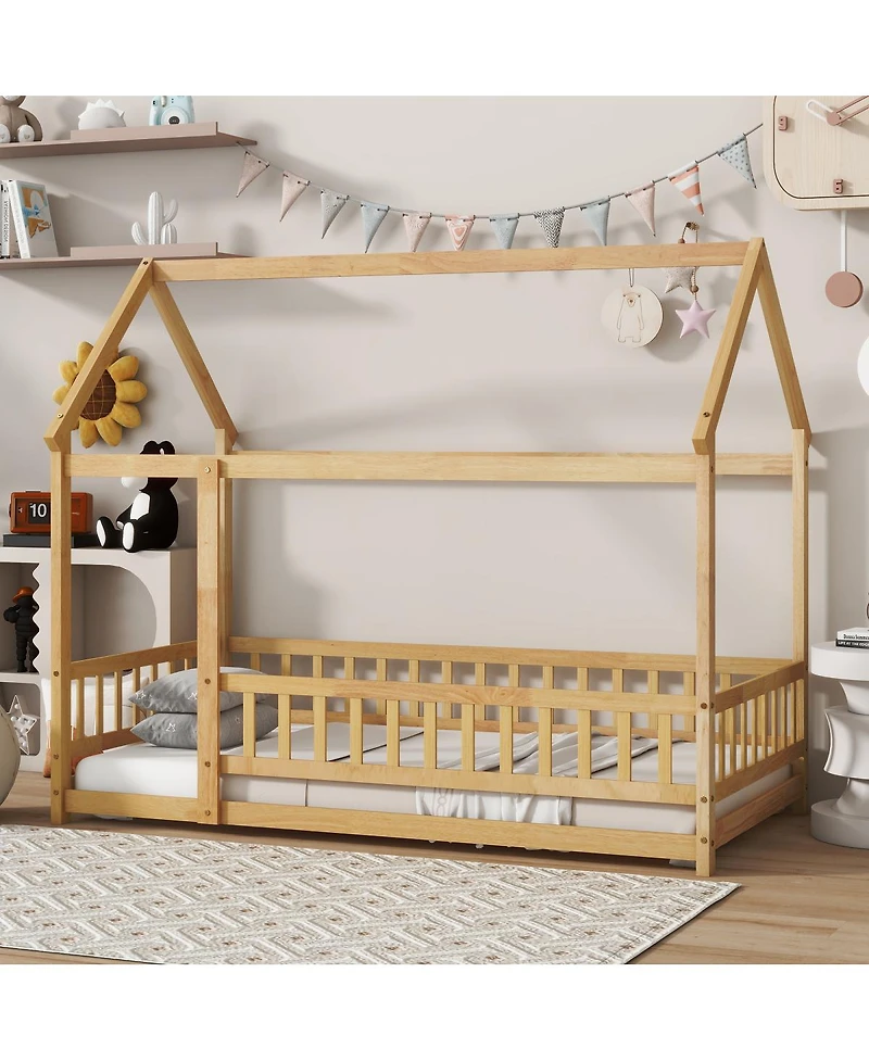 Streamdale Furniture Streamdale Twin Size House Floor Bed with Roof Frame & Guardrails