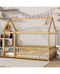Streamdale Furniture Streamdale Twin Size House Floor Bed with Roof Frame & Guardrails