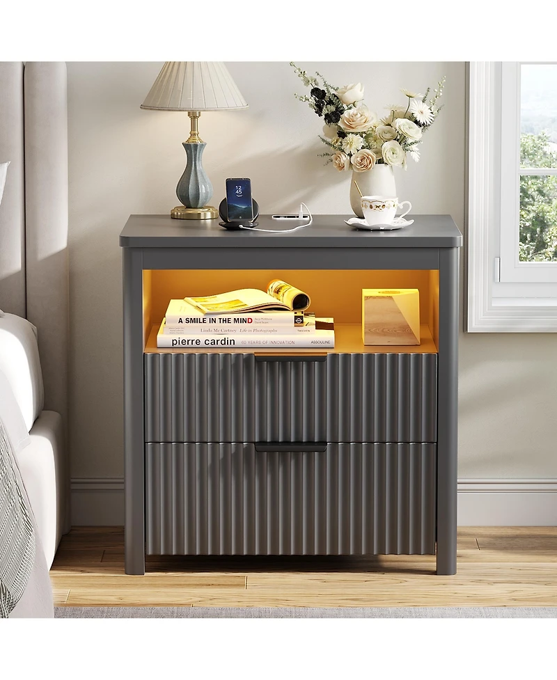Vlsrka 24" Modern Led Nightstand with 3 Drawers and Charging Station