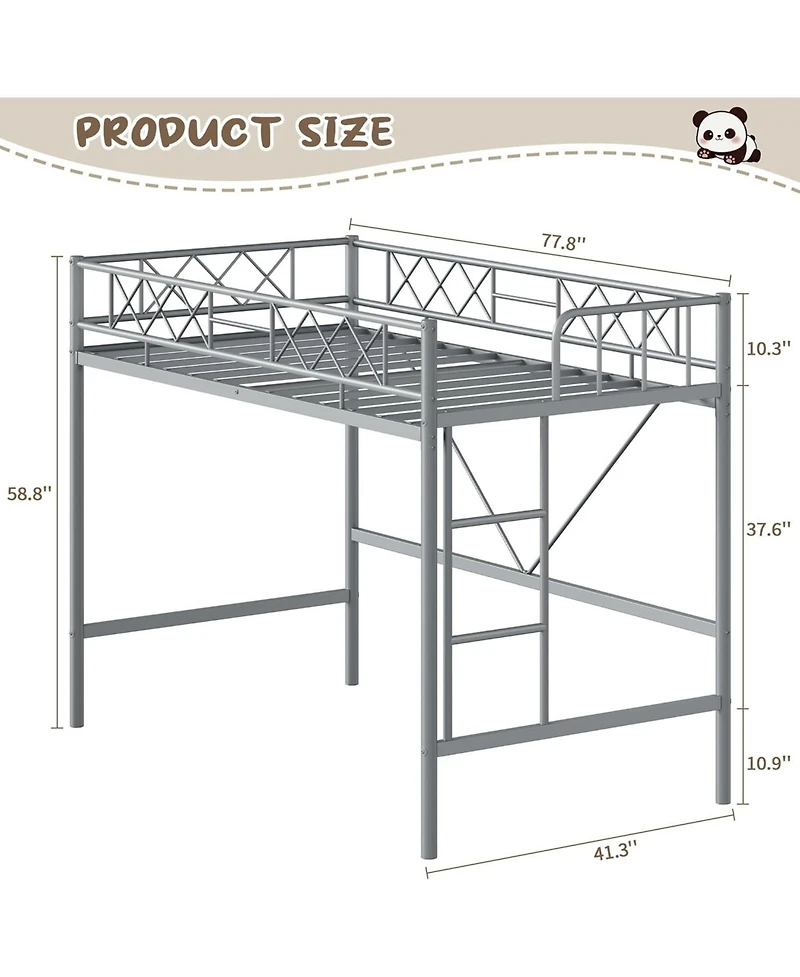 gaomon Twin Loft Bed, Heavy Duty Metal Frame with Arched Guardrail, Flat Ladder Rung, and Steel Slat Support, No Box Spring Required
