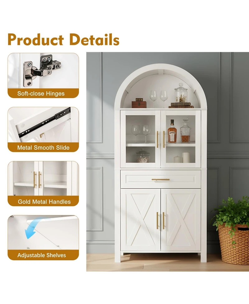 Streamdale Furniture 71" Arched Farmhouse Kitchen Pantry Cabinet with Glass Door & Adjustable Shelves