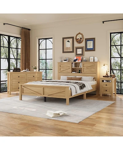 Streamdale Furniture 3-Piece Queen Farmhouse Bed Set w/ Storage Headboard, Nightstand & Dresser