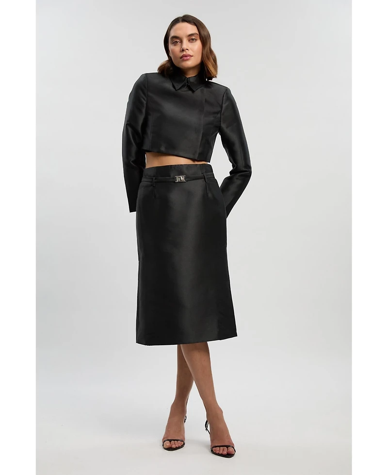 Karen Millen Women's Satin Twill Cropped Wrap Tailored Jacket