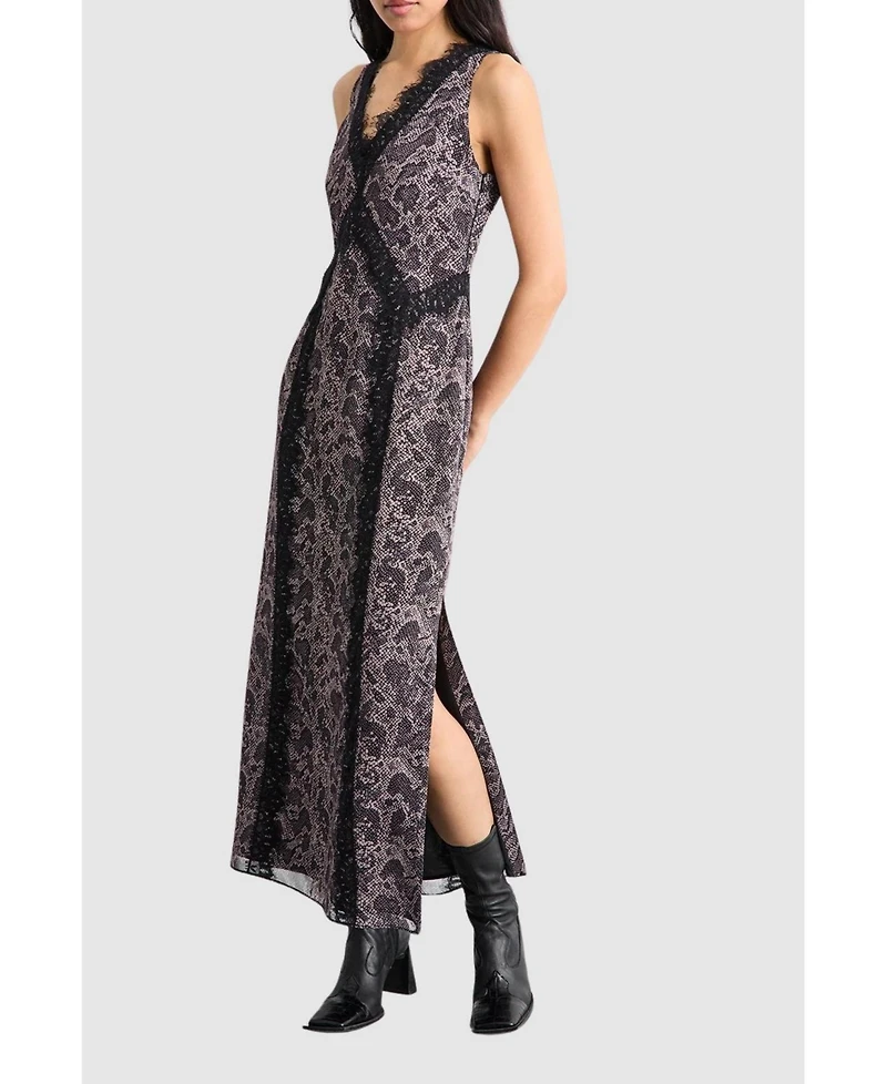 Warehouse Women's Chiffon Printed Lace Trim Dress