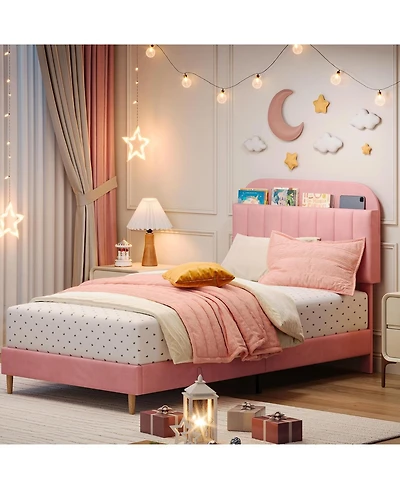 gaomon Twin Xl Bed Frame Storage Headboard Velvet Upholstered Platform Bed Kids Wood Slats Noise Free Light