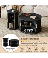 Rainsken Mid-Century Coffee Table Set, Round Fluted End Table With Storage, Golden Handle and Sliding Tambour Door, Side Table for Living Room