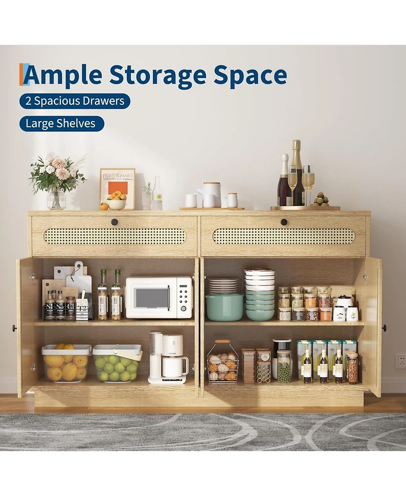 gaomon Rattan Sideboard Cabinet with Adjustable Shelves, Buffet with 2 Drawers and 4 Rattan Doors for Dining Room