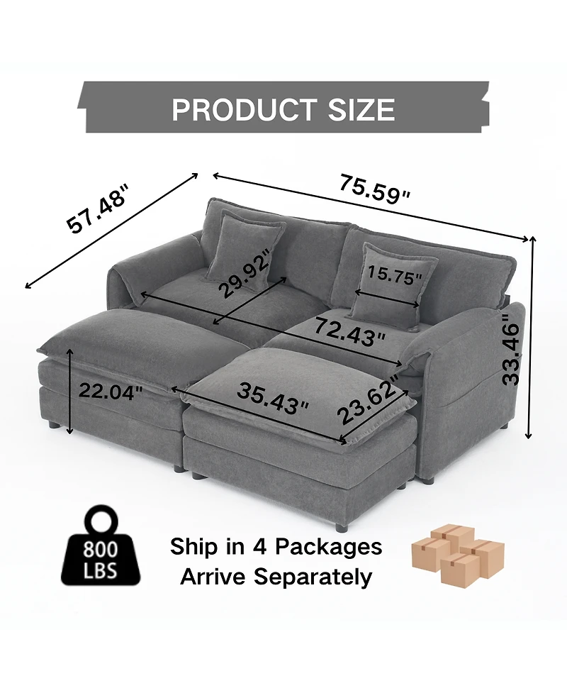 Streamdale Furniture Deep Seat Sectional Cloud Sofa with 2 Ottomans & Pillows