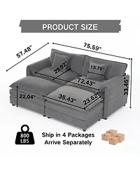 Streamdale Furniture Deep Seat Sectional Cloud Sofa with 2 Ottomans & Pillows