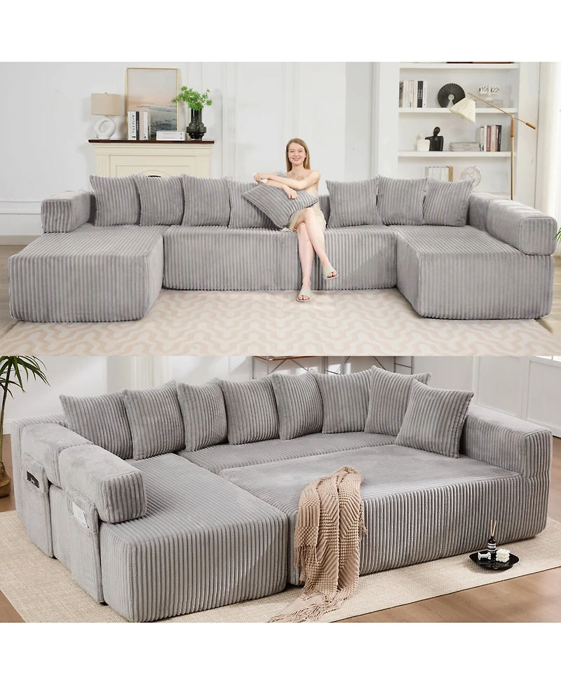 Streamdale Furniture Streamdale 146" U-Shaped Convertible Sleeper Sectional Sofa with 8 Pillows, Corduroy