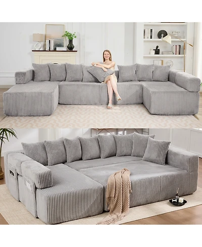 Streamdale Furniture Streamdale 146" U-Shaped Convertible Sleeper Sectional Sofa with 8 Pillows, Corduroy