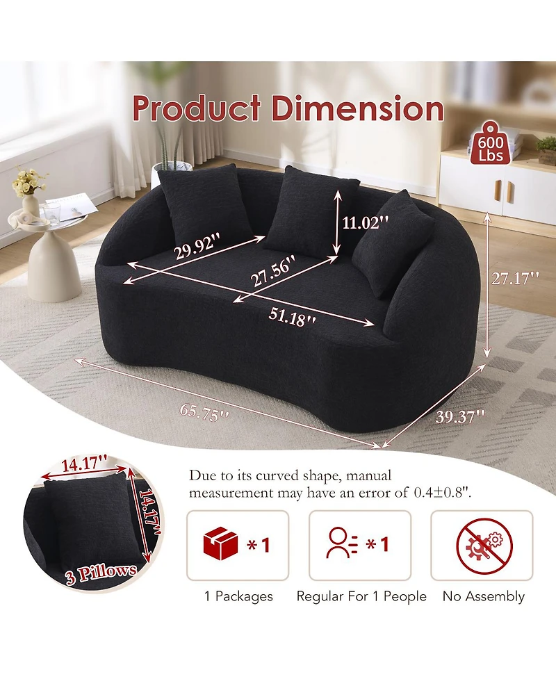 Streamdale Furniture Curved Boneless Sofa Loveseat, 2-Seater Black Chenille Couch with 3 Pillows