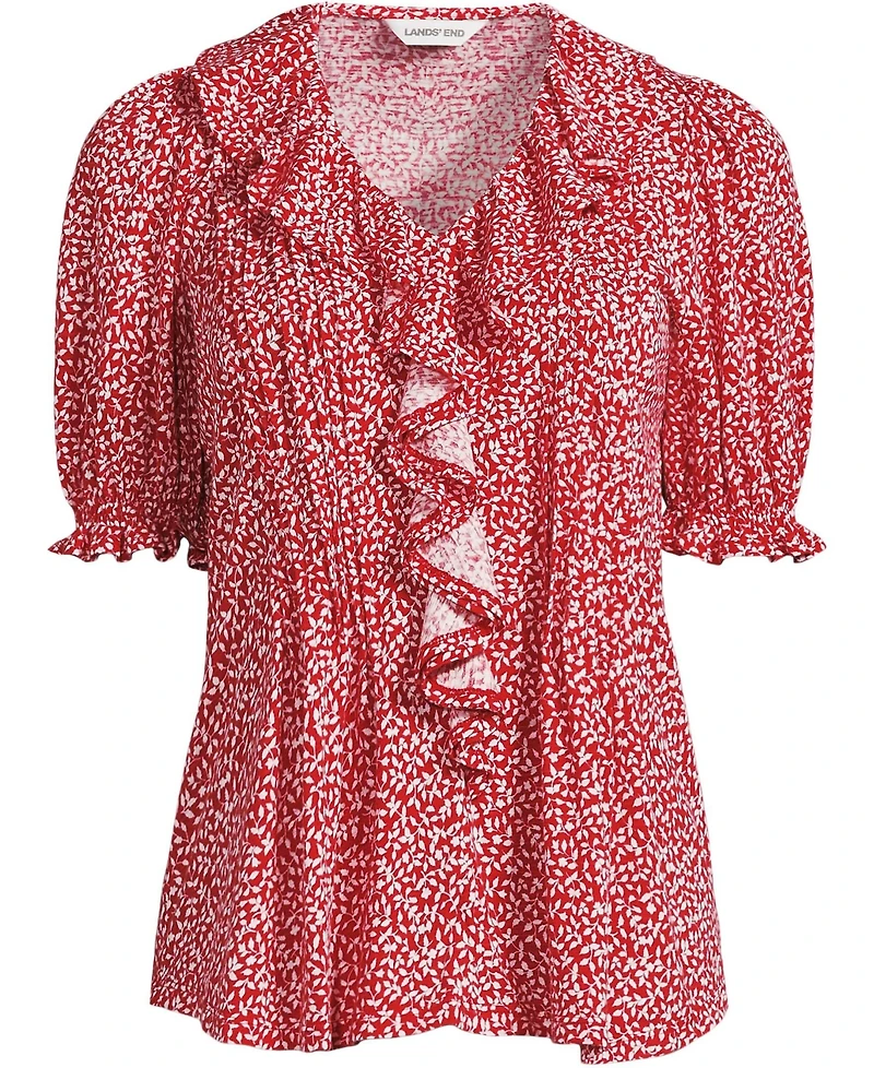 Lands' End Plus Women's Puff Sleeve Slub Ruffle Pintuck Top