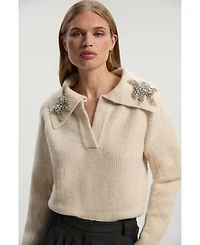 Karen Millen Women's Embellished Collar V Neck Knit Sweater