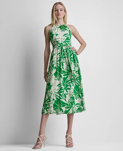 Dkny Women's Sleeveless Halter Neck Belted Fit and Flare Maxi Dress