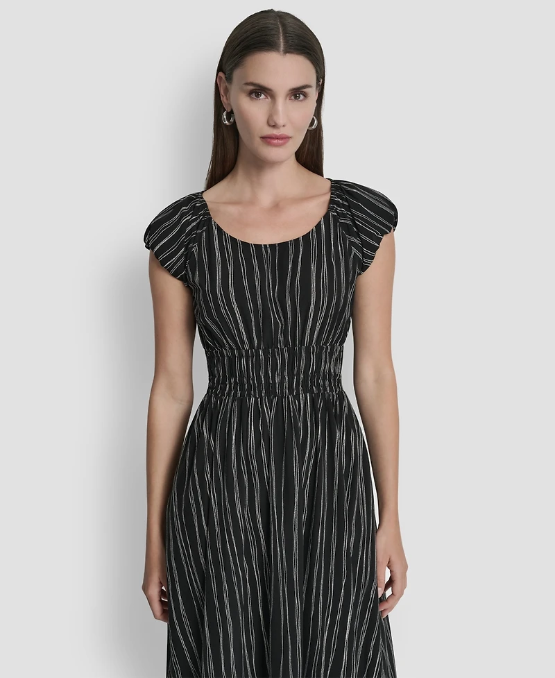 Dkny Women's Short Puff-Sleeve Striped Jewel Neck Midi Dress