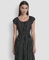 Dkny Women's Short Puff-Sleeve Striped Jewel Neck Midi Dress