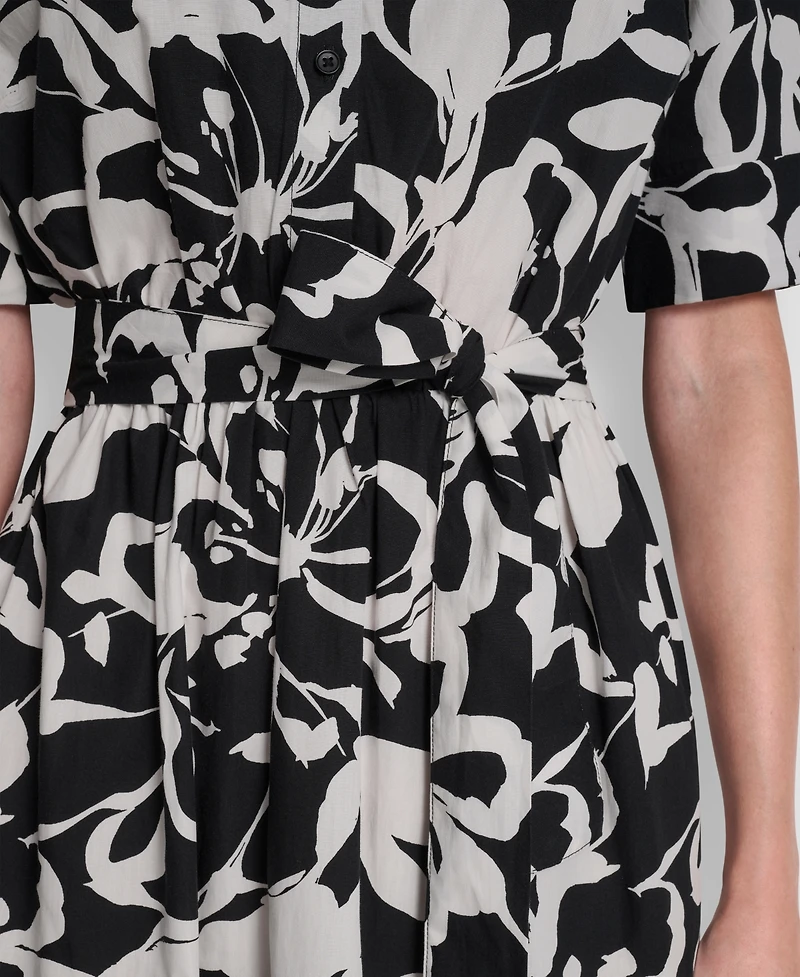 Dkny Women's Elbow Sleeve Collared Neck Button-Front Belted Floral Midi Shirtdress