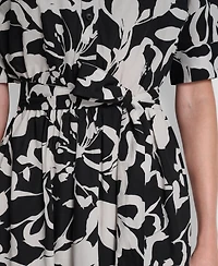 Dkny Women's Elbow Sleeve Collared Neck Button-Front Belted Floral Midi Shirtdress