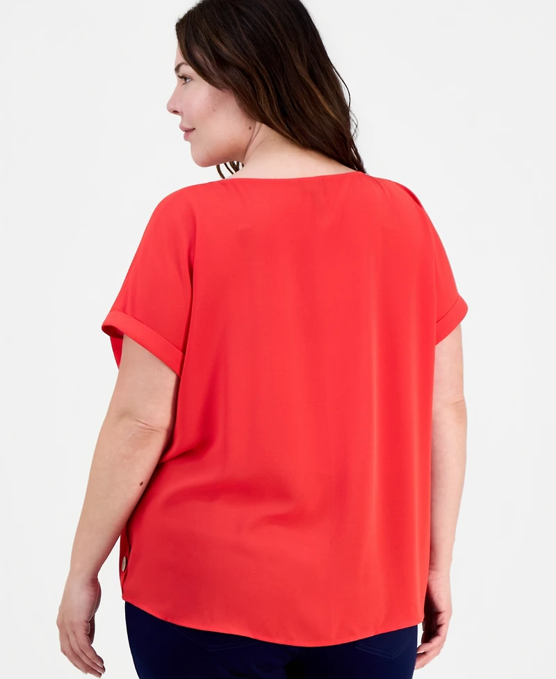 Jones New York Plus Button-Trim Short-Sleeve Top