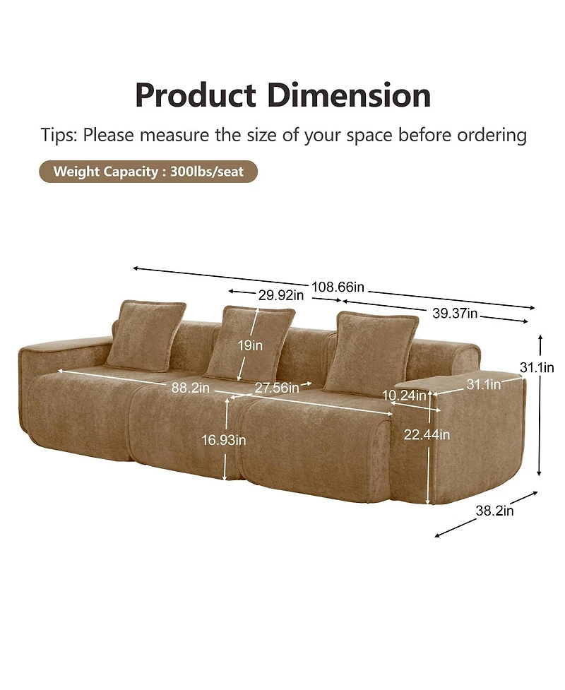 Streamdale Furniture Deep Seat Modular 3-Seat Boneless Sofa with French Edge Piping