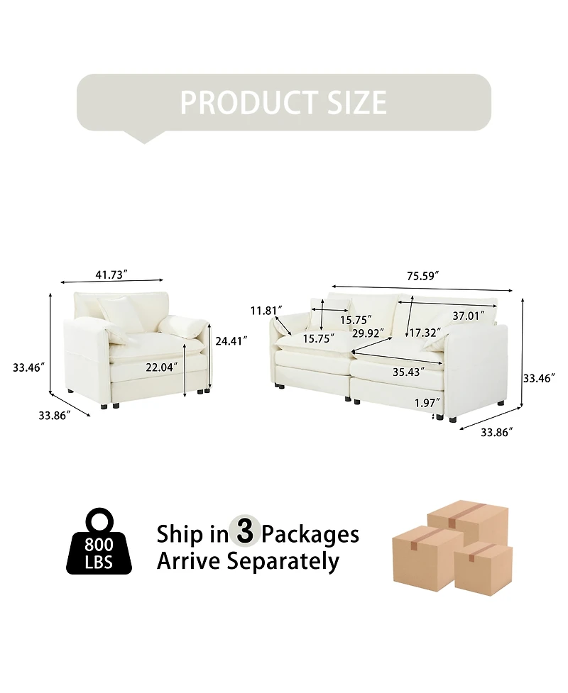 Streamdale Furniture Luxury 2-Piece Chenille Cloud Loveseat Set with 3 Pillows