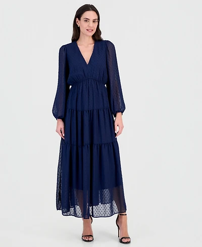 Robbie Bee Women's Long-Sleeve V-Neck Tiered Maxi Dress