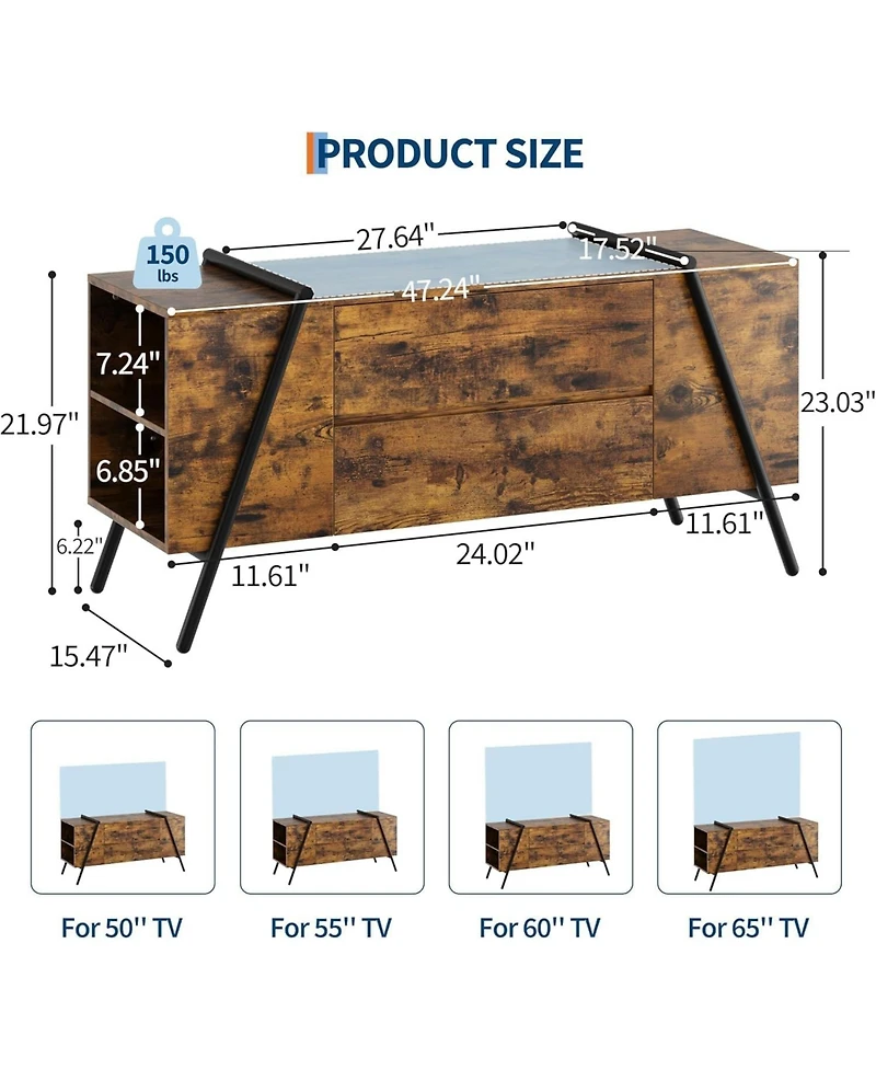 gaomon Modern Tv Stand, Wood Entertainment Center, 2 Drawers, Side Open Shelves, U-Shaped Metal Base, Fits up to 65".