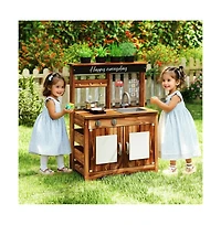 Hongge Mud Kitchen Fir Wood Play Kitchen with 4 Panting Pots Faucet Removable Sink