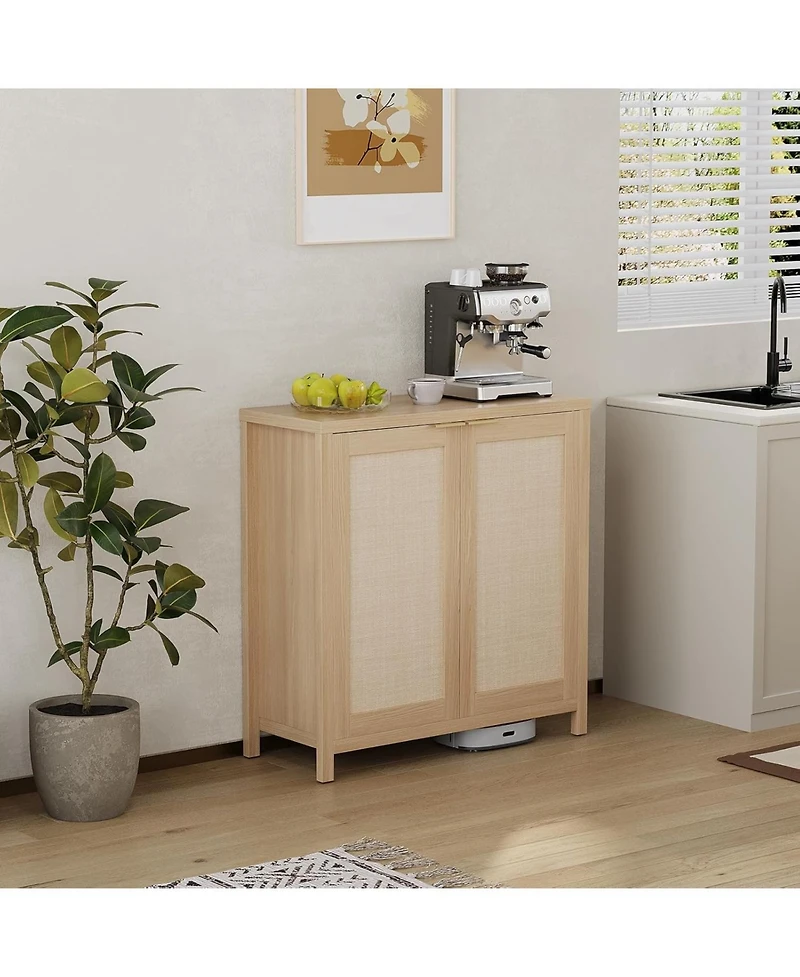 gaomon Freestanding Rattan 2-Door Storage Cabinet with 2 Adjustable Shelves, Natural Wood Accent Cabinet, Large Capacity Buffet Sideboard.