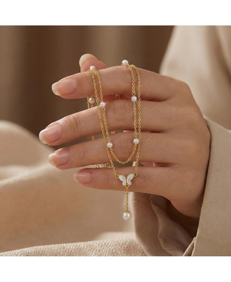 14K Gold Plated Double Layer Pearl and Butterfly Anklet