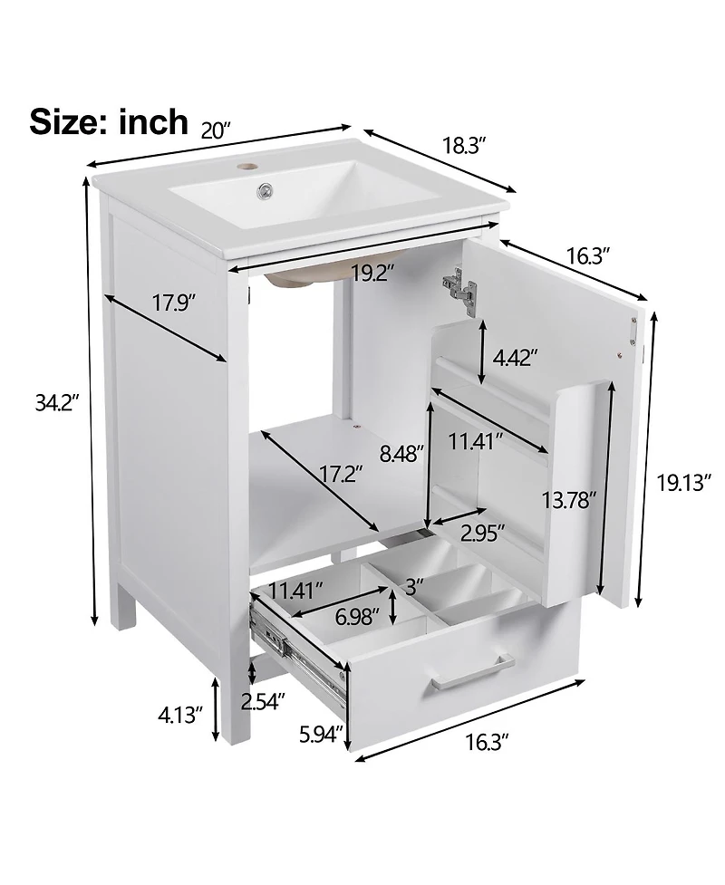 Sillysis 20" Modern Freestanding Bathroom Vanity with Ceramic Sink, Solid Wood Frame and Soft Close Door for Small Spaces