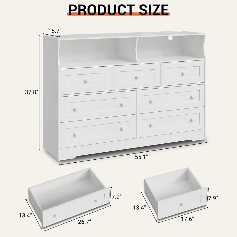 gaomon 7-Drawer Dresser with Led Lights & Charging Station, Wood Storage Chest with Open Compartments for Bedroom