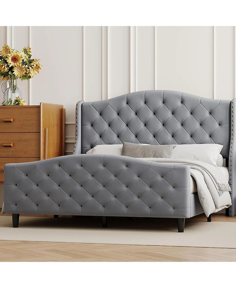 gaomon Queen Bed Frame with Upholstered Velvet Headboard, Tufted & Nailhead Trim, Wingback Design, Noise Free