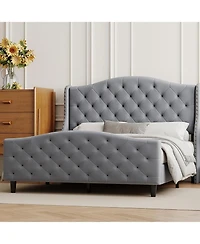 gaomon Queen Bed Frame with Upholstered Velvet Headboard, Tufted & Nailhead Trim, Wingback Design, Noise Free