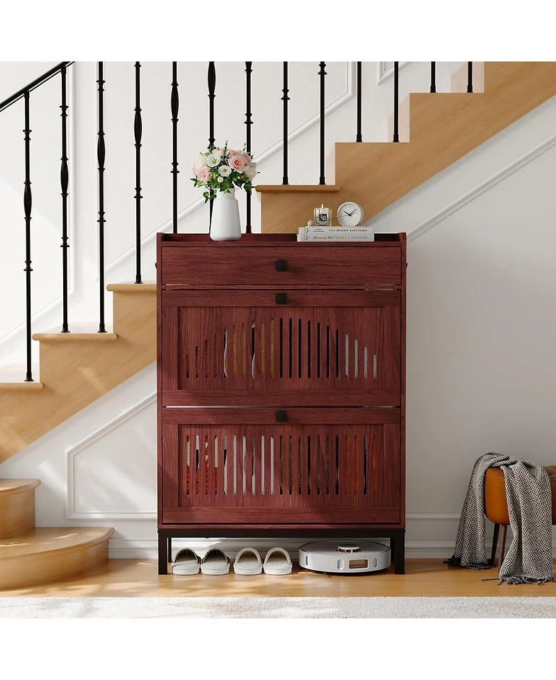 gaomon Shoe Storage Cabinet with 2 Flip Drawer, Shoes Organizer with with Top Drawer,Hollow Out Panel & Square Handles