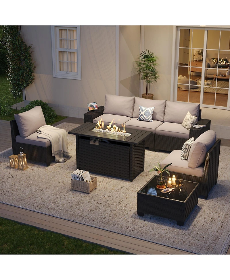 Aoxun 7-Piece Black Wicker Outdoor Sectional Sofa Set with Gray Cushions with 44" Propane Fire Pit Table
