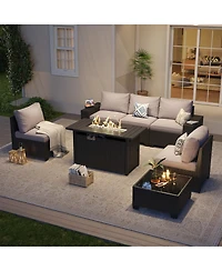 Aoxun 7-Piece Black Wicker Outdoor Sectional Sofa Set with Gray Cushions with 44" Propane Fire Pit Table