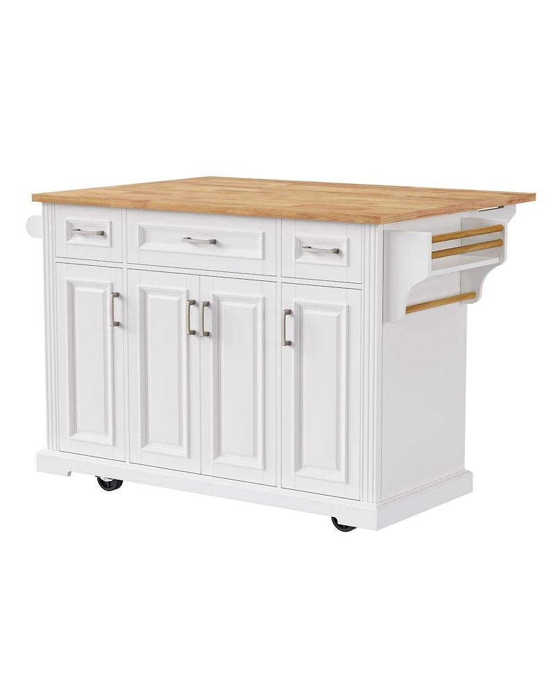 Streamdale Furniture 54" White Kitchen Island with Drop Leaf, 4 Doors, 3 Drawers, on Wheels