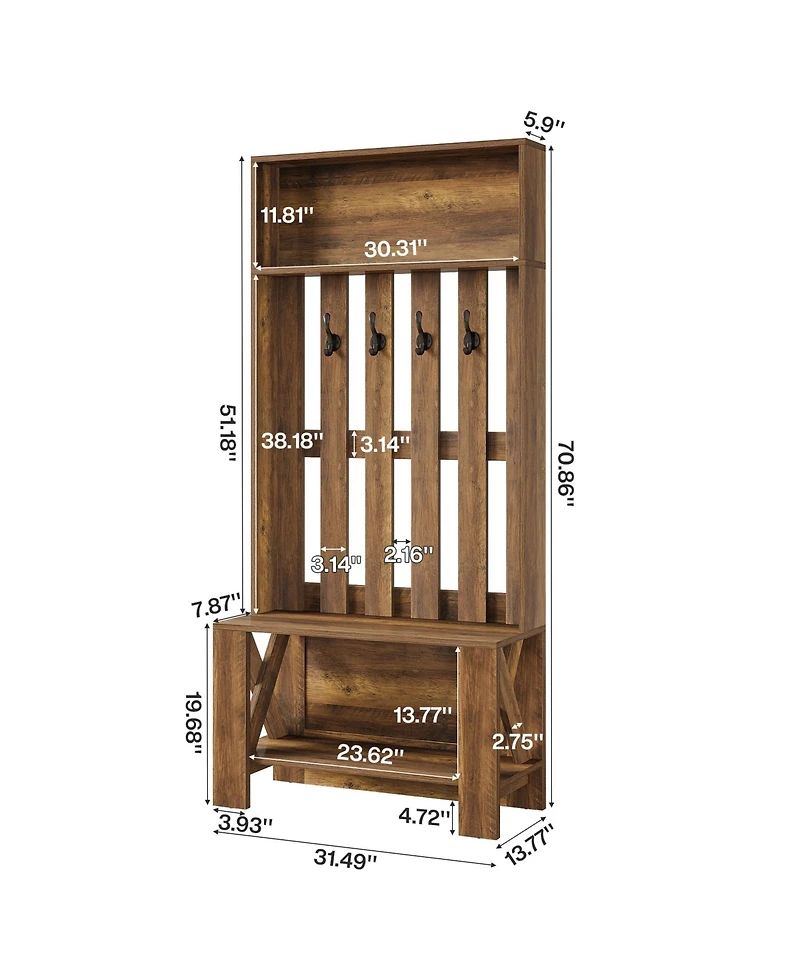 Tribesigns Hall Tree with Shoe Bench and Shoe Storage, 70.8" Tall Freestanding Coat Rack with Hooks