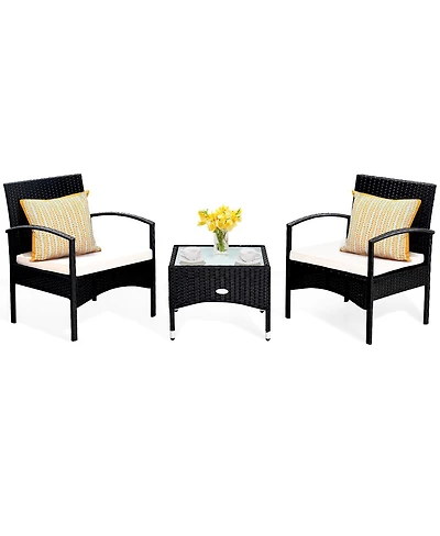 3 Pcs Furniture Set Table & 2 Chair Patio Wicker Rattan W/Cushion