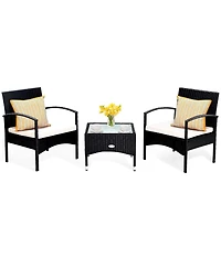 3 Pcs Furniture Set Table & 2 Chair Patio Wicker Rattan W/Cushion