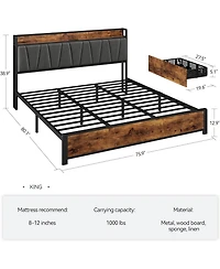 gaomon King Bed Frame with Upholstered Storage Charging Headboard 4 Drawers Heavy Duty No Box Spring