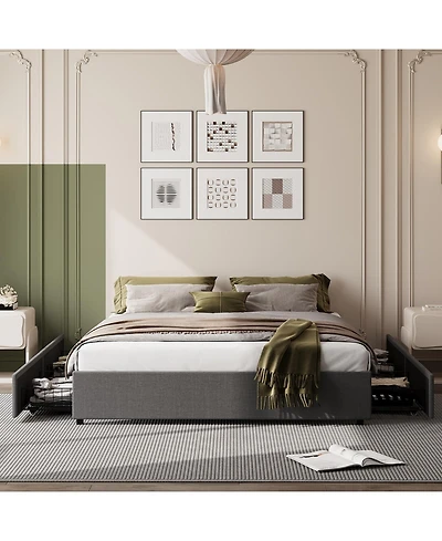 gaomon Full Platform Bed Frame 4 Drawers Linen Upholstery Wood Slats No Box Spring Needed Noise Free Simple