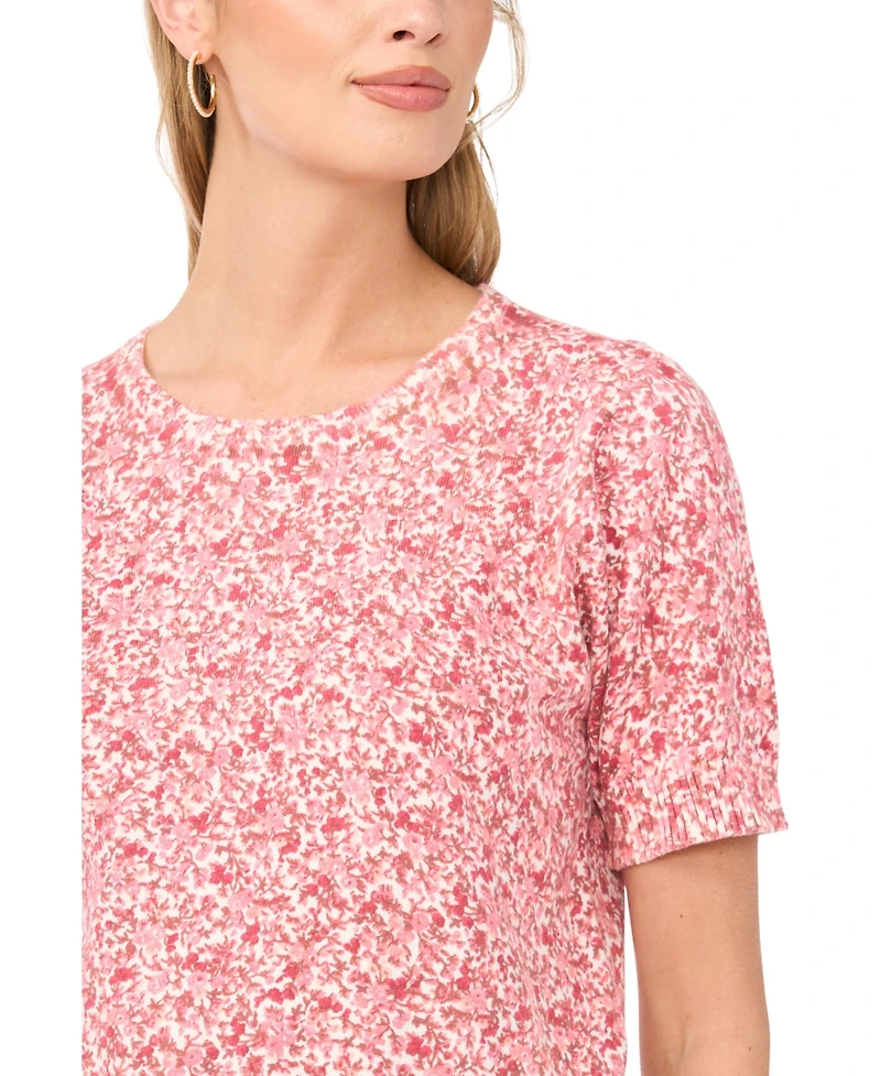 1.state Women's Floral Print Short-Sleeve Crewneck Sweater