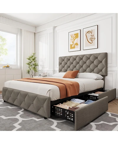 gaomon Bed Frame 4 Drawers Adjustable Headboard Linen Upholstered Diamond Tuft No Box Spring