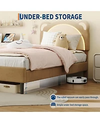 gaomon Twin Bed Frame for Kids Upholstered Adjustable Headboard Led Light Wood Slats No Box Spring Coffee