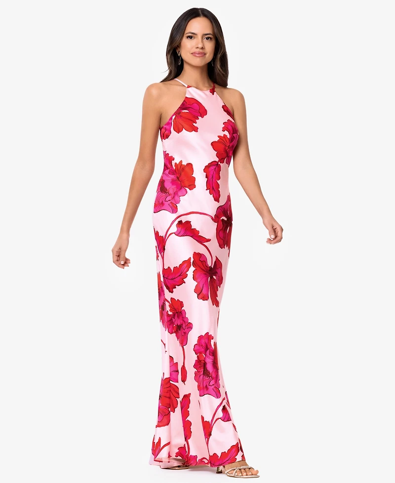 Xscape Women's Sleeveless Halter Neck Printed Long Dress