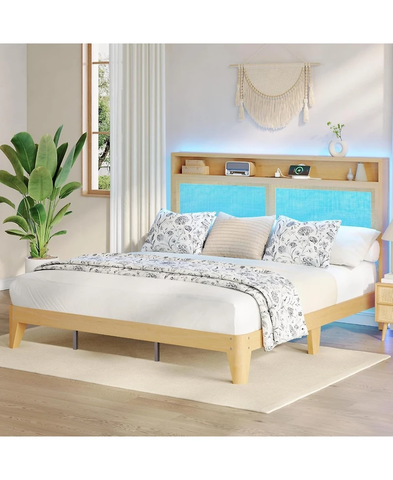 gaomon Rattan Bed Frame with Led Charging Bohemian 2 Tier Storage Headboard Solid Wood Silent Slats No Box Spring