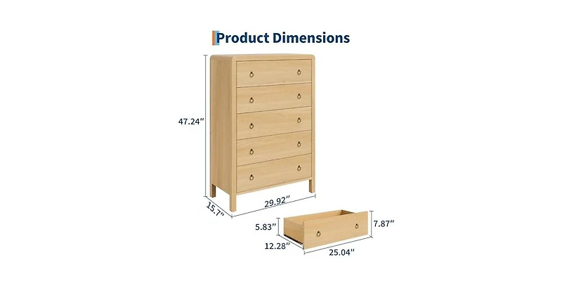 gaomon 5 Drawer Dresser for Bedroom, 47" Tall Modern Chest of Drawers, Curved Profile Design